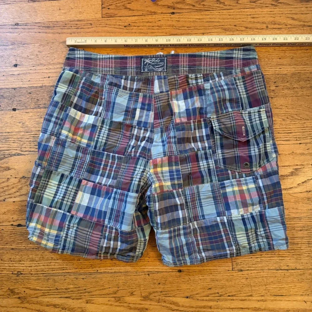 Polo Ralph Lauren Mens Patchwork Madras Plaid Swim Trunks Board Shorts Size 36
